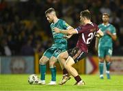 16 September 2024; Jack Byrne of Shamrock Rovers in action against Edward McCarthy of Galway United during the SSE Airtricity Men's Premier Division match between Galway United and Shamrock Rovers at Eamonn Deacy Park in Galway. Photo by Piaras Ó Mídheach/Sportsfile