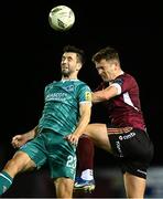 16 September 2024; Neil Farrugia of Shamrock Rovers in action against Killian Brouder of Galway United during the SSE Airtricity Men's Premier Division match between Galway United and Shamrock Rovers at Eamonn Deacy Park in Galway. Photo by Piaras Ó Mídheach/Sportsfile