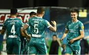 16 September 2024; Johnny Kenny of Shamrock Rovers, right, celebrates after his side's second goal, an own goal by Garry Buckley of Galway United, during the SSE Airtricity Men's Premier Division match between Galway United and Shamrock Rovers at Eamonn Deacy Park in Galway. Photo by Piaras Ó Mídheach/Sportsfile