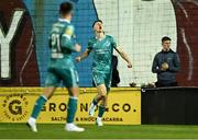 16 September 2024; Johnny Kenny of Shamrock Rovers, right, celebrates after his side's second goal, an own goal by Garry Buckley of Galway United, during the SSE Airtricity Men's Premier Division match between Galway United and Shamrock Rovers at Eamonn Deacy Park in Galway. Photo by Piaras Ó Mídheach/Sportsfile