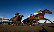 16 September 2024; Jeaniemacaroney, with Dylan Browne McMonagle up, leads at the start of the Pride Of Place Maiden at the Laytown Races in Laytown, Meath. Photo by Ramsey Cardy/Sportsfile