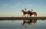 16 September 2024; Lexington Dash, with Declan Lavery up, left, and Harry's Bar, with Patrick Mullins up, make their way to post before the oneills.com Handicap at the Laytown Races in Laytown, Meath. Photo by Ramsey Cardy/Sportsfile