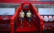 17 September 2024; Mike Haley, left, and Dave Kilcoyne before Munster rugby squad training at Thomond Park in Limerick. Photo by Brendan Moran/Sportsfile