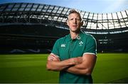 18 September 2024; Defence coach Simon Easterby stands for a portrait before an Ireland Rugby media conference at the Aviva Stadium in Dublin. Photo by Seb Daly/Sportsfile