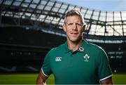 18 September 2024; Defence coach Simon Easterby stands for a portrait before an Ireland Rugby media conference at the Aviva Stadium in Dublin. Photo by Seb Daly/Sportsfile