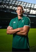 18 September 2024; Defence coach Simon Easterby stands for a portrait before an Ireland Rugby media conference at the Aviva Stadium in Dublin. Photo by Seb Daly/Sportsfile