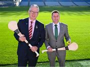 18 September 2024; Uachtarán Chumann Lúthchleas Gael Jarlath Burns and Terry Reilly, chairperson of the Hurling Development Committee, right, during the Hurling Development Committee media event at Croke Park in Dublin. Photo by Piaras Ó Mídheach/Sportsfile