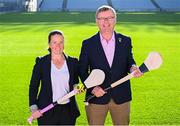 18 September 2024; Lizzy Broderick of the Camogie Association and member of the Hurling Development Committee with Camogie Association president Brian Molloy during the Hurling Development Committee media event at Croke Park in Dublin. Photo by Piaras Ó Mídheach/Sportsfile