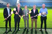 18 September 2024; Attendees, from left, former Antrim hurler and current Hurling Development Committee member Neil McManus, Uachtarán Chumann Lúthchleas Gael Jarlath Burns, Terry Reilly, chairperson of the Hurling Development Committee, Camogie Association president Brian Molloy and former Kilkenny hurling manager and current Hurling Development Committee member Brian Cody during the Hurling Development Committee media event at Croke Park in Dublin. Photo by Piaras Ó Mídheach/Sportsfile