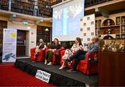 18 September 2024; Panellists, from left, Ciaran Gallagher, Gymnastics Ireland CEO, CEO of the Irish Hockey Association Anne McCormack and Federation of Irish Sport chief executive Mary O'Connor in conversation with sports broadcaster Oisin Langan as the Federation of Irish Sport launch their Pre Budget Submission 2025 at The Royal Irish Academy in Dublin. Photo by David Fitzgerald/Sportsfile