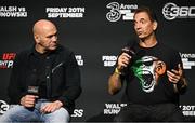 19 September 2024; Tom Loeffler, President of 360 Promotions, right, and UFC president Dana White at the 3Arena in Dublin, ahead of the Walsh vs Runowski bout tomorrow night. Photo by David Fitzgerald/Sportsfile