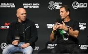 19 September 2024; Tom Loeffler, President of 360 Promotions, right, and UFC president Dana White at the 3Arena in Dublin, ahead of the Walsh vs Runowski bout tomorrow night. Photo by David Fitzgerald/Sportsfile