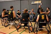 21 September 2024; Ballybrack Bulls head coach Mark Barry speaks to his players before the Basketball Ireland Insuremyhouse.ie National Cup quarter-final match between Ballybrack Bulls and North East Thunder at the IWA Gym & Sports Hall in Clontarf, Dublin. The Irish Wheelchair Basketball 24/25 season began with 8 teams from across Ireland contesting the quarter-finals of the InsureMyHouse.ie National Cup and these will be followed by the opening round of the Wheelchair Basketball Junior Blitz on Sunday, featuring young players aged 5-17. Photo by Sam Barnes/Sportsfile