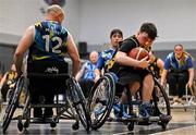 21 September 2024; Oran Spain of Ballybrack Bulls in action against Martin Murphy of North East Thunder during the Basketball Ireland Insuremyhouse.ie National Cup quarter-final match between Ballybrack Bulls and North East Thunder at the IWA Gym & Sports Hall in Clontarf, Dublin. The Irish Wheelchair Basketball 24/25 season began with 8 teams from across Ireland contesting the quarter-finals of the InsureMyHouse.ie National Cup and these will be followed by the opening round of the Wheelchair Basketball Junior Blitz on Sunday, featuring young players aged 5-17. Photo by Sam Barnes/Sportsfile