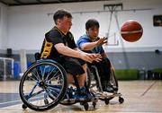 21 September 2024; Oran Spain of Ballybrack Bulls in action against Zane O'Hoistin of North East Thunder during the Basketball Ireland Insuremyhouse.ie National Cup quarter-final match between Ballybrack Bulls and North East Thunder at the IWA Gym & Sports Hall in Clontarf, Dublin. The Irish Wheelchair Basketball 24/25 season began with 8 teams from across Ireland contesting the quarter-finals of the InsureMyHouse.ie National Cup and these will be followed by the opening round of the Wheelchair Basketball Junior Blitz on Sunday, featuring young players aged 5-17. Photo by Sam Barnes/Sportsfile