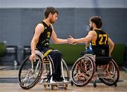 21 September 2024; Jonathan Hayes of Ballybrack Bulls, left, high fives team-mate Jack Shannon Cole at half time during the Basketball Ireland Insuremyhouse.ie National Cup quarter-final match between Ballybrack Bulls and North East Thunder at the IWA Gym & Sports Hall in Clontarf, Dublin. The Irish Wheelchair Basketball 24/25 season began with 8 teams from across Ireland contesting the quarter-finals of the InsureMyHouse.ie National Cup and these will be followed by the opening round of the Wheelchair Basketball Junior Blitz on Sunday, featuring young players aged 5-17. Photo by Sam Barnes/Sportsfile