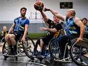 21 September 2024; Oran Spain of Ballybrack Bulls in action against Martin Murphy, right, and Sam Jablansky of North East Thunder during the Basketball Ireland Insuremyhouse.ie National Cup quarter-final match between Ballybrack Bulls and North East Thunder at the IWA Gym & Sports Hall in Clontarf, Dublin. The Irish Wheelchair Basketball 24/25 season began with 8 teams from across Ireland contesting the quarter-finals of the InsureMyHouse.ie National Cup and these will be followed by the opening round of the Wheelchair Basketball Junior Blitz on Sunday, featuring young players aged 5-17. Photo by Sam Barnes/Sportsfile