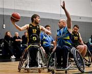 21 September 2024; Jonathan Hayes of Ballybrack Bulls in action against Martin Murphy of North East Thunder during the Basketball Ireland Insuremyhouse.ie National Cup quarter-final match between Ballybrack Bulls and North East Thunder at the IWA Gym & Sports Hall in Clontarf, Dublin. The Irish Wheelchair Basketball 24/25 season began with 8 teams from across Ireland contesting the quarter-finals of the InsureMyHouse.ie National Cup and these will be followed by the opening round of the Wheelchair Basketball Junior Blitz on Sunday, featuring young players aged 5-17. Photo by Sam Barnes/Sportsfile