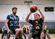 21 September 2024; Oran Spain of Ballybrack Bulls in action against Sam Jablansky of North East Thunder during the Basketball Ireland Insuremyhouse.ie National Cup quarter-final match between Ballybrack Bulls and North East Thunder at the IWA Gym & Sports Hall in Clontarf, Dublin. The Irish Wheelchair Basketball 24/25 season began with 8 teams from across Ireland contesting the quarter-finals of the InsureMyHouse.ie National Cup and these will be followed by the opening round of the Wheelchair Basketball Junior Blitz on Sunday, featuring young players aged 5-17. Photo by Sam Barnes/Sportsfile