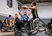 21 September 2024; Turlach Cotter of North East Thunder in action against Jonathan Hayes of Ballybrack Bulls during the Basketball Ireland Insuremyhouse.ie National Cup quarter-final match between Ballybrack Bulls and North East Thunder at the IWA Gym & Sports Hall in Clontarf, Dublin. The Irish Wheelchair Basketball 24/25 season began with 8 teams from across Ireland contesting the quarter-finals of the InsureMyHouse.ie National Cup and these will be followed by the opening round of the Wheelchair Basketball Junior Blitz on Sunday, featuring young players aged 5-17. Photo by Sam Barnes/Sportsfile
