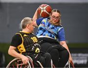 21 September 2024; Kate Reddy of North East Thunder in action against Ryan Jason of Ballybrack Bulls during the Basketball Ireland Insuremyhouse.ie National Cup quarter-final match between Ballybrack Bulls and North East Thunder at the IWA Gym & Sports Hall in Clontarf, Dublin. The Irish Wheelchair Basketball 24/25 season began with 8 teams from across Ireland contesting the quarter-finals of the InsureMyHouse.ie National Cup and these will be followed by the opening round of the Wheelchair Basketball Junior Blitz on Sunday, featuring young players aged 5-17. Photo by Sam Barnes/Sportsfile