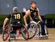 21 September 2024; Jonathan Hayes of Ballybrack Bulls, right,  celebrates with team-mate Ryan Jason after their side's victory in the Basketball Ireland Insuremyhouse.ie National Cup quarter-final match between Ballybrack Bulls and North East Thunder at the IWA Gym & Sports Hall in Clontarf, Dublin. The Irish Wheelchair Basketball 24/25 season began with 8 teams from across Ireland contesting the quarter-finals of the InsureMyHouse.ie National Cup and these will be followed by the opening round of the Wheelchair Basketball Junior Blitz on Sunday, featuring young players aged 5-17. Photo by Sam Barnes/Sportsfile