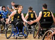 21 September 2024; Valene Ryan of Ballybrack Bulls, left,  celebrates with team-mates after their side's victory in the Basketball Ireland Insuremyhouse.ie National Cup quarter-final match between Ballybrack Bulls and North East Thunder at the IWA Gym & Sports Hall in Clontarf, Dublin. The Irish Wheelchair Basketball 24/25 season began with 8 teams from across Ireland contesting the quarter-finals of the InsureMyHouse.ie National Cup and these will be followed by the opening round of the Wheelchair Basketball Junior Blitz on Sunday, featuring young players aged 5-17. Photo by Sam Barnes/Sportsfile