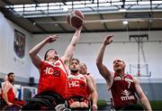 21 September 2024; Alex Hennebry of Rebel Wheelers Multi-Sport Club in action against Stephen Melvin of Titans during the Basketball Ireland Insuremyhouse.ie National Cup quarter-final match between Rebel Wheelers Multi-Sport Club and Titans Wheelers at the IWA Gym & Sports Hall in Clontarf, Dublin. The Irish Wheelchair Basketball 24/25 season began with 8 teams from across Ireland contesting the quarter-finals of the InsureMyHouse.ie National Cup and these will be followed by the opening round of the Wheelchair Basketball Junior Blitz on Sunday, featuring young players aged 5-17. Photo by Sam Barnes/Sportsfile