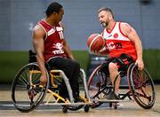 21 September 2024; Paul Ryan of Rebel Wheelers Multi-Sport Club in action against Xtremea Ewean of Titans during the Basketball Ireland Insuremyhouse.ie National Cup quarter-final match between Rebel Wheelers Multi-Sport Club and Titans Wheelers at the IWA Gym & Sports Hall in Clontarf, Dublin. The Irish Wheelchair Basketball 24/25 season began with 8 teams from across Ireland contesting the quarter-finals of the InsureMyHouse.ie National Cup and these will be followed by the opening round of the Wheelchair Basketball Junior Blitz on Sunday, featuring young players aged 5-17. Photo by Sam Barnes/Sportsfile