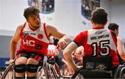 21 September 2024; Darragh O'Regan of Rebel Wheelers Multi-Sport Club, left, celebrates with team-mate Conor Simpson after their side's victory in the Basketball Ireland Insuremyhouse.ie National Cup quarter-final match between Rebel Wheelers Multi-Sport Club and Titans Wheelers at the IWA Gym & Sports Hall in Clontarf, Dublin. The Irish Wheelchair Basketball 24/25 season began with 8 teams from across Ireland contesting the quarter-finals of the InsureMyHouse.ie National Cup and these will be followed by the opening round of the Wheelchair Basketball Junior Blitz on Sunday, featuring young players aged 5-17. Photo by Sam Barnes/Sportsfile
