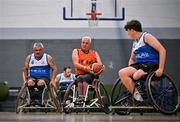 21 September 2024; Barry Cooke of Killester in action against Paul Tobin of Clonaslee, right, during the Basketball Ireland Insuremyhouse.ie National Cup quarter-final match between Killester Wheelchair Basketball Club and Clonaslee Wheelchair Basketball Club at the IWA Gym & Sports Hall in Clontarf, Dublin. The Irish Wheelchair Basketball 24/25 season began with 8 teams from across Ireland contesting the quarter-finals of the InsureMyHouse.ie National Cup and these will be followed by the opening round of the Wheelchair Basketball Junior Blitz on Sunday, featuring young players aged 5-17. Photo by Sam Barnes/Sportsfile