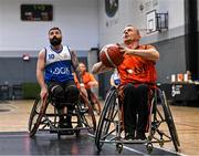 21 September 2024; Bledar Suxha of Killester in action against Dermot Berry of Clonaslee during the Basketball Ireland Insuremyhouse.ie National Cup quarter-final match between Killester Wheelchair Basketball Club and Clonaslee Wheelchair Basketball Club at the IWA Gym & Sports Hall in Clontarf, Dublin. The Irish Wheelchair Basketball 24/25 season began with 8 teams from across Ireland contesting the quarter-finals of the InsureMyHouse.ie National Cup and these will be followed by the opening round of the Wheelchair Basketball Junior Blitz on Sunday, featuring young players aged 5-17. Photo by Sam Barnes/Sportsfile