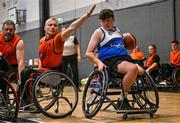 21 September 2024; Conor Dufficy of Clonaslee in action against Bledar Suxha of Killester during the Basketball Ireland Insuremyhouse.ie National Cup quarter-final match between Killester Wheelchair Basketball Club and Clonaslee Wheelchair Basketball Club at the IWA Gym & Sports Hall in Clontarf, Dublin. The Irish Wheelchair Basketball 24/25 season began with 8 teams from across Ireland contesting the quarter-finals of the InsureMyHouse.ie National Cup and these will be followed by the opening round of the Wheelchair Basketball Junior Blitz on Sunday, featuring young players aged 5-17. Photo by Sam Barnes/Sportsfile