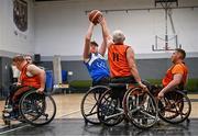 21 September 2024; Conor Dufficy of Clonaslee in action against Barry Cooke of Killester during the Basketball Ireland Insuremyhouse.ie National Cup quarter-final match between Killester Wheelchair Basketball Club and Clonaslee Wheelchair Basketball Club at the IWA Gym & Sports Hall in Clontarf, Dublin. The Irish Wheelchair Basketball 24/25 season began with 8 teams from across Ireland contesting the quarter-finals of the InsureMyHouse.ie National Cup and these will be followed by the opening round of the Wheelchair Basketball Junior Blitz on Sunday, featuring young players aged 5-17. Photo by Sam Barnes/Sportsfile