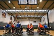 21 September 2024; Dermot Berry of Clonaslee wins a high ball ahead of Darren Healy of Killester during the Basketball Ireland Insuremyhouse.ie National Cup quarter-final match between Killester Wheelchair Basketball Club and Clonaslee Wheelchair Basketball Club at the IWA Gym & Sports Hall in Clontarf, Dublin. The Irish Wheelchair Basketball 24/25 season began with 8 teams from across Ireland contesting the quarter-finals of the InsureMyHouse.ie National Cup and these will be followed by the opening round of the Wheelchair Basketball Junior Blitz on Sunday, featuring young players aged 5-17. Photo by Sam Barnes/Sportsfile