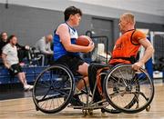 21 September 2024; Conor Dufficy of Clonaslee in action against Bledar Suxha of Killester during the Basketball Ireland Insuremyhouse.ie National Cup quarter-final match between Killester Wheelchair Basketball Club and Clonaslee Wheelchair Basketball Club at the IWA Gym & Sports Hall in Clontarf, Dublin. The Irish Wheelchair Basketball 24/25 season began with 8 teams from across Ireland contesting the quarter-finals of the InsureMyHouse.ie National Cup and these will be followed by the opening round of the Wheelchair Basketball Junior Blitz on Sunday, featuring young players aged 5-17. Photo by Sam Barnes/Sportsfile