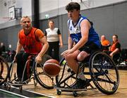 21 September 2024; Conor Dufficy of Clonaslee in action against Bledar Suxha of Killester during the Basketball Ireland Insuremyhouse.ie National Cup quarter-final match between Killester Wheelchair Basketball Club and Clonaslee Wheelchair Basketball Club at the IWA Gym & Sports Hall in Clontarf, Dublin. The Irish Wheelchair Basketball 24/25 season began with 8 teams from across Ireland contesting the quarter-finals of the InsureMyHouse.ie National Cup and these will be followed by the opening round of the Wheelchair Basketball Junior Blitz on Sunday, featuring young players aged 5-17. Photo by Sam Barnes/Sportsfile