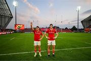 21 September 2024; Tony Butler, left, and Mike Haley of Munster after the United Rugby Championship match between Munster and Connacht at Thomond Park in Limerick. Photo by Brendan Moran/Sportsfile