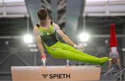 21 September 2024; Michael O'Neill of Ireland competes in the pommel horse during day one of the Gymnastics Ireland hosted Northern European Championships 2024 at the National Indoor Arena on the Sport Ireland Campus in Dublin. Photo by Stephen McCarthy/Sportsfile
