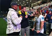 21 September 2024; Werner Kok of Ulster in conversation with Premier Sports pundits Simon Zebo, left, and Ryan Wilson after his side's victory in the United Rugby Championship match between Ulster and Glasgow Warriors at The Kingspan Stadium in Belfast. Photo by Ben McShane/Sportsfile