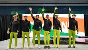 21 September 2024; Ireland gymnasts, from left, Niall Hooton, Michael Carson, Adam Steele, James Hickey, Oisin O'Connell and Michael O'Neill during day one of the Gymnastics Ireland hosted Northern European Championships 2024 at the National Indoor Arena on the Sport Ireland Campus in Dublin. Photo by Stephen McCarthy/Sportsfile
