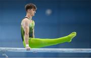 21 September 2024; Michael O'Neill of Ireland competes in the parallel bars during day one of the Gymnastics Ireland hosted Northern European Championships 2024 at the National Indoor Arena on the Sport Ireland Campus in Dublin. Photo by Stephen McCarthy/Sportsfile
