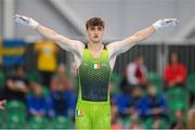 21 September 2024; Michael O'Neill of Ireland competes in the horizontal bar during day one of the Gymnastics Ireland hosted Northern European Championships 2024 at the National Indoor Arena on the Sport Ireland Campus in Dublin. Photo by Stephen McCarthy/Sportsfile
