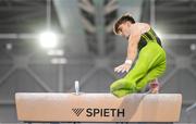 21 September 2024; Michael O'Neill of Ireland competes in the pommel horse during day one of the Gymnastics Ireland hosted Northern European Championships 2024 at the National Indoor Arena on the Sport Ireland Campus in Dublin. Photo by Stephen McCarthy/Sportsfile