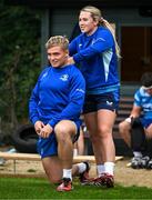 23 September 2024; Athletic performance intern Molly Sullivan and Fintan Gunne before Leinster rugby squad training at UCD in Dublin. Photo by Brendan Moran/Sportsfile