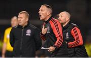 23 September 2024; Bohemians first team coach Derek Pender with manager Alan Reynolds, left, and assistant manager Stephen O'Donnell during the SSE Airtricity Men's Premier Division match between Shamrock Rovers and Bohemians at Tallaght Stadium in Dublin. Photo by Stephen McCarthy/Sportsfile