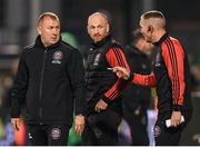 23 September 2024; Bohemians manager Alan Reynolds, left, with assistant manager Stephen O'Donnell and first team coach Derek Pender, right, during the SSE Airtricity Men's Premier Division match between Shamrock Rovers and Bohemians at Tallaght Stadium in Dublin. Photo by Stephen McCarthy/Sportsfile
