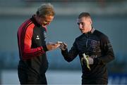 27 September 2024; Bohemians goalkeeper James Talbot, left, and Ross Tierney of Bohemians before the SSE Airtricity Men's Premier Division match between Dundalk and Bohemians at Oriel Park in Dundalk, Louth. Photo by Ben McShane/Sportsfile