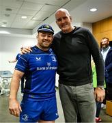 27 September 2024; Cian Healy of Leinster with previous cap record holder Devin Toner, right, after the United Rugby Championship match between Leinster and Dragons at the Aviva Stadium in Dublin. Photo by Brendan Moran/Sportsfile