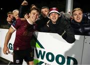 27 September 2024; Galway United supporters celebrate with Edward McCarthy after the SSE Airtricity Men's Premier Division match between Waterford and Galway United at the Regional Sports Centre in Waterford. Photo by Michael P Ryan/Sportsfile